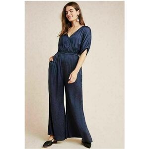 Maeve Jacqueline Jacquard satin leopard print wide leg jumpsuit size xsmall blue